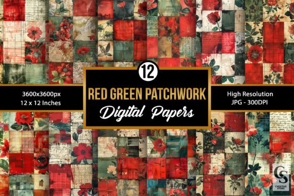 12 Red Green Knitted Patchwork Seamless Patterns for Creative Projects