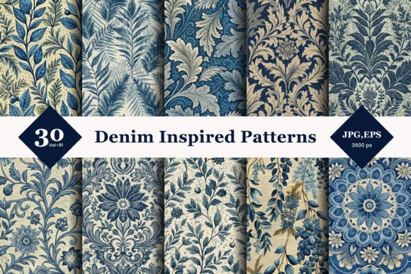 Denim Inspired Floral Seamless Patterns 01