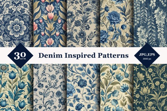 Denim Inspired Floral Seamless Patterns 02