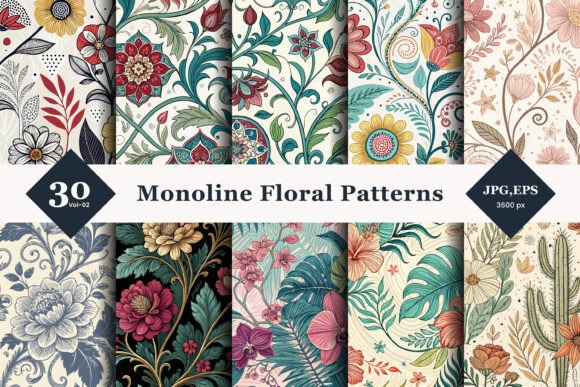 Monoline Floral Seamless Patterns 02: Redefining Elegance in Modern Design Workflows
