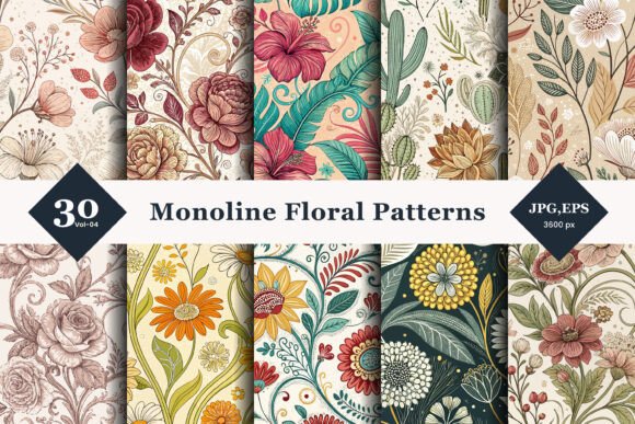 Monoline Floral Seamless Patterns 04
