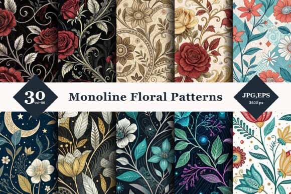 Monoline Floral Seamless Patterns 05