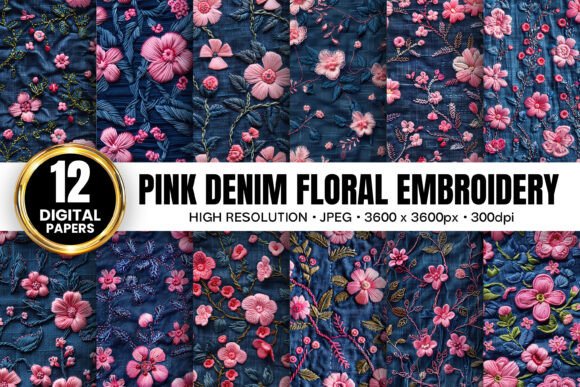 Pink Denim Flowers Embroidery Patterns